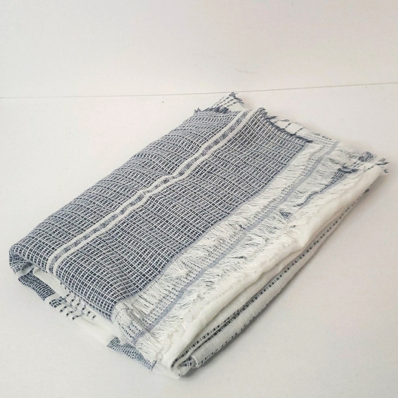 Banana Republic Textured Cotton Linen Striped Scarf White Navy Fringe Edges NWOT - Picture 4 of 15